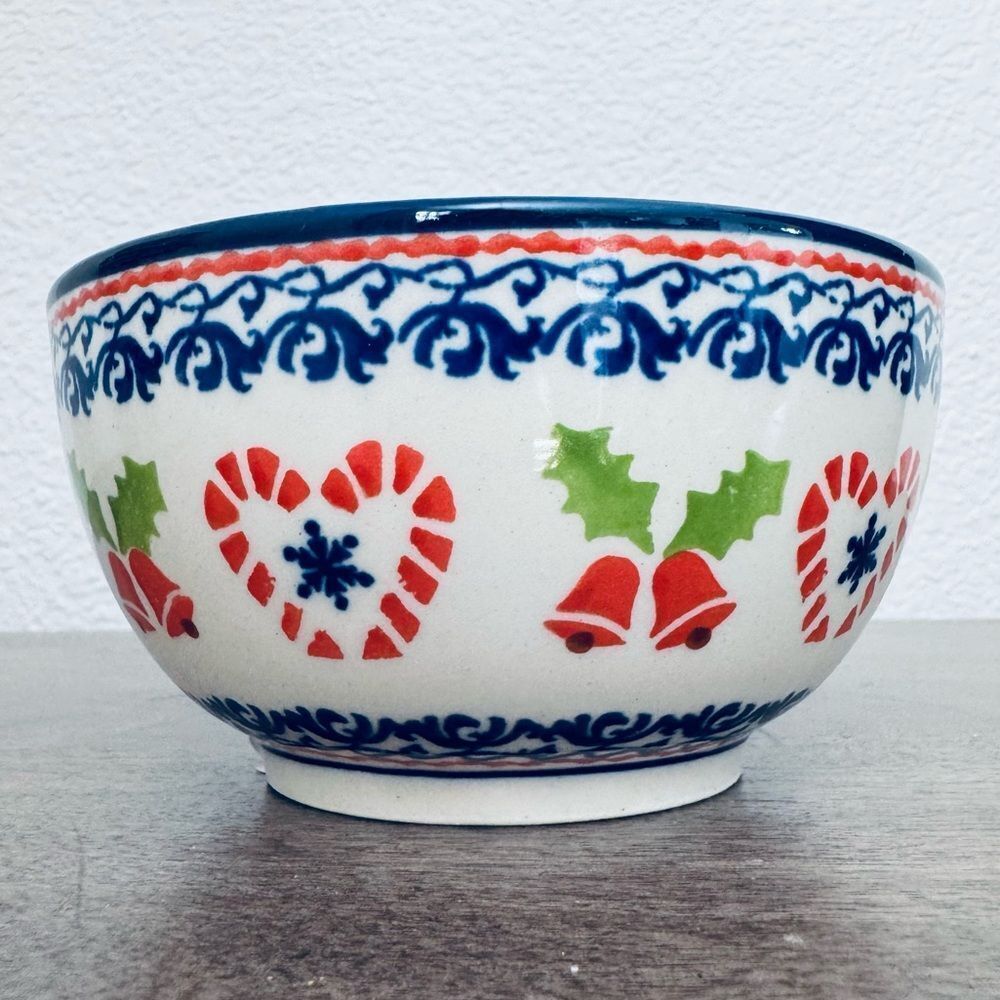 Boleslawiec Polish Pottery Christmas Candy Cane Holly Bells Dinner Bowl